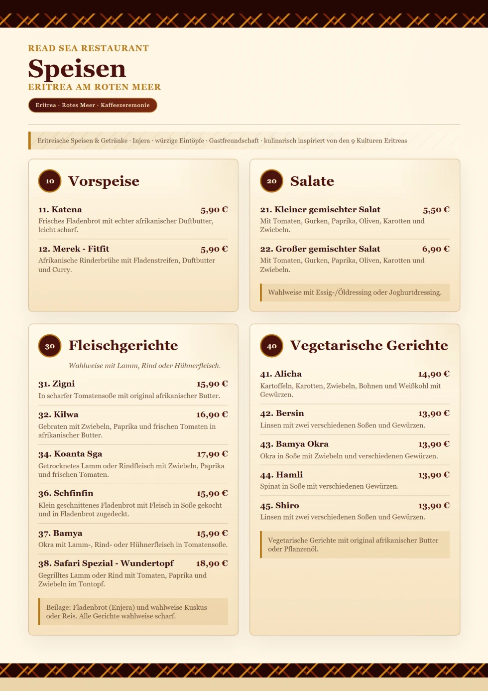 Speisen: Vorspeisen, Fleischgerichte und vegetarische Gerichte